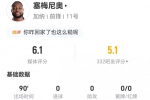 塞梅尼奥本场0射0关键传球 3成功传球+11VS抗2成功+3犯规 获6.1分在线直播_免费高清直播