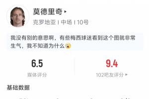 莫德里奇半场数据：17次传球成功率82.4% 1解围 1抢断 2夺回球权